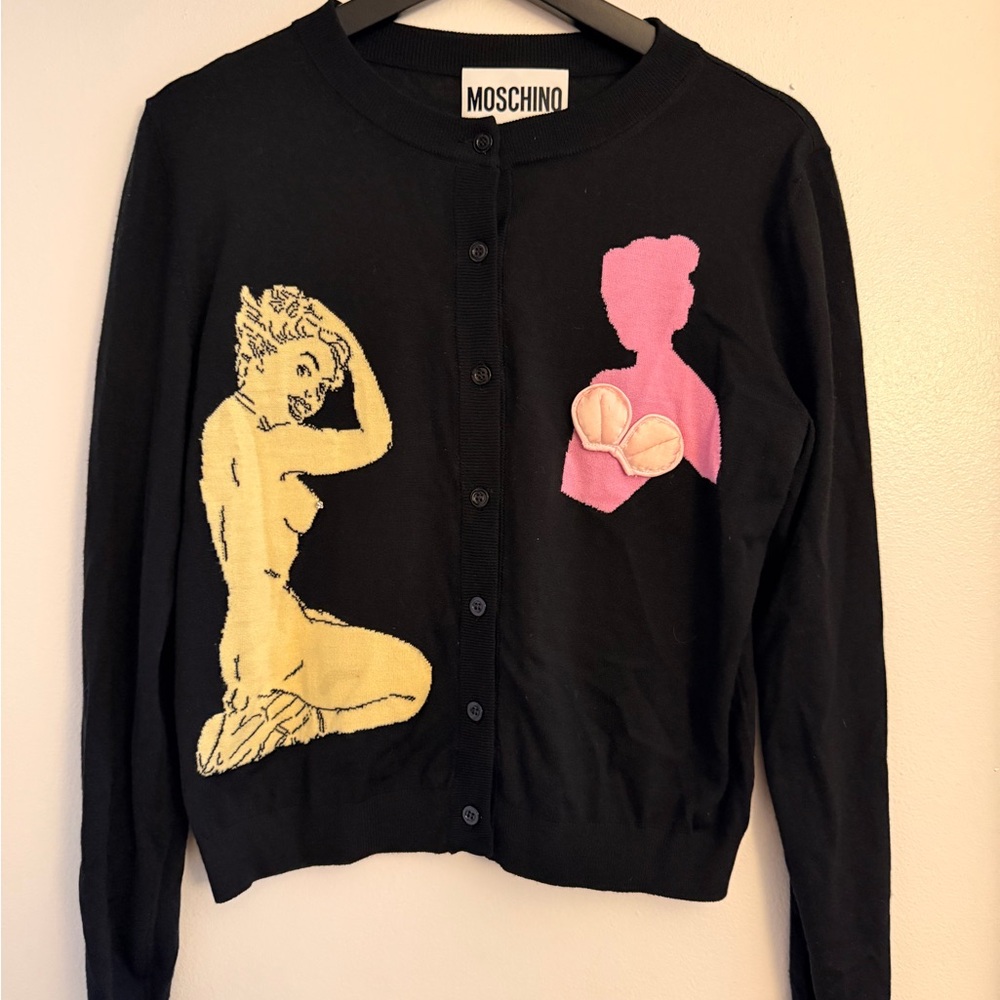 Moschino Couture Women's sweater wool Pin-Ups Embroidery black cardigan